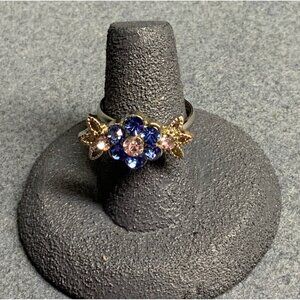 Adjustable Flower Ring Size 7+ Silver Blue Rhinestone Sparkly Leaves Bling Glam